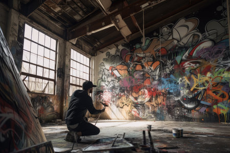 graffiti sprayer artist creating large-scale mural in abandoned factory building, created with generative aiの素材
