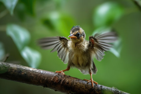 baby bird taking its first flight, spreading its wings, created with generative aiの素材