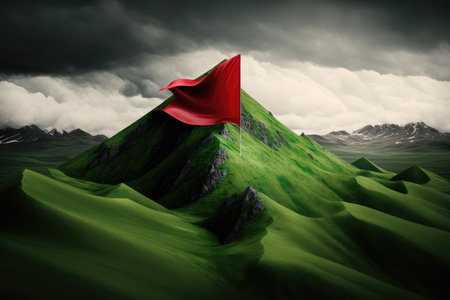 peak with red flag, surrounded by rolling green hills, created with generative aiの素材