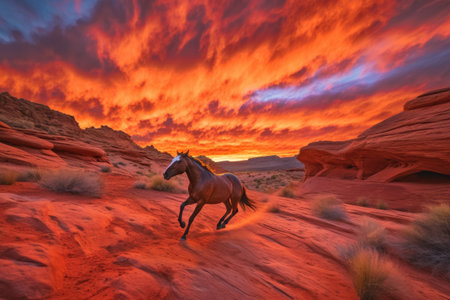 majestic horse running through fiery canyon sunset, created with generative aiの素材
