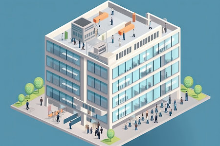 isometric view of modern office building, with people and technology moving about, created with generative aiの素材