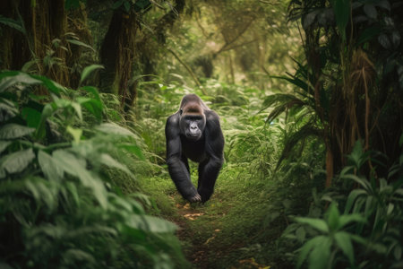 gorilla walking through lush jungle, surrounded by nature, created with generative aiの素材