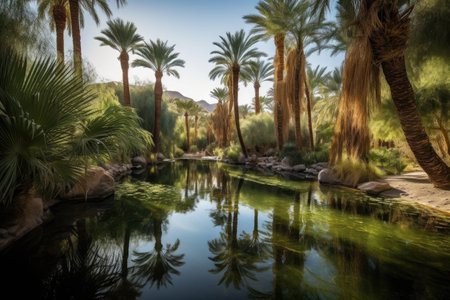 magical oasis, with towering palm trees and glittering waters, surrounded by desert landscape, created with generative aiの素材