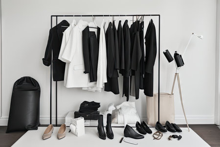 minimalist wardrobe with a mix of sleek, clean pieces and statement accents, created with generative aiの素材