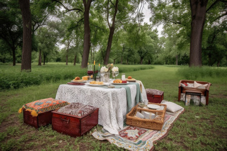 posh picnic for two with quilt, glassware, and linens, created with generative aiの素材