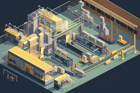 isometric view of the inside of a factory, with rows of machines and conveyor belts visible, created with generative aiの素材