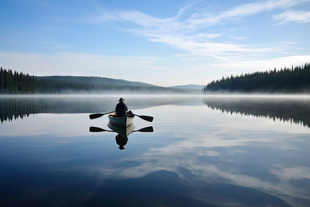 canoeist paddling peacefully on serene lake, created with generative aiの素材