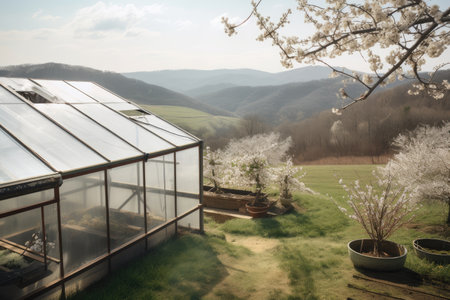 greenhouse with view of rolling hills, and cherry blossoms in the background, created with generative aiの素材