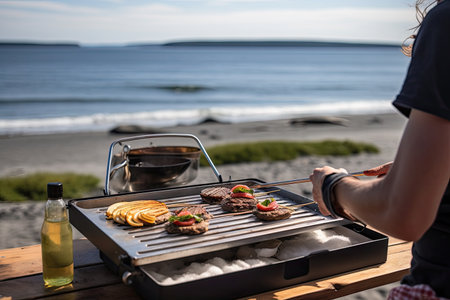 person, grilling juicy burger on portable grill, with view of the beach, created with generative aiの素材