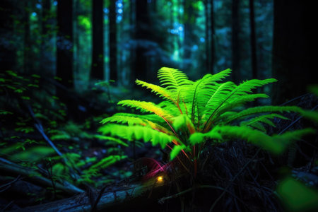 neon plant growing in the forest, with natural trees and greenery, created with generative aiの素材