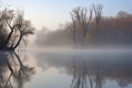 morning mist on lake, with reflections of trees and sky, created with generative aiの素材