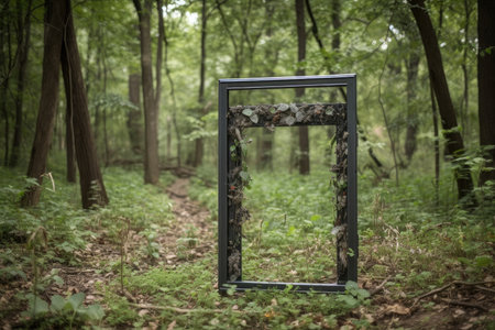 metal detector frame set in lush, green forest with birds and insects, created with generative aiの素材