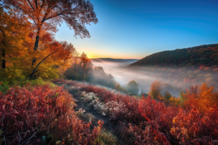 stunning sunrise over misty hillside, with colorful foliage and blue skies, created with generative aiの素材