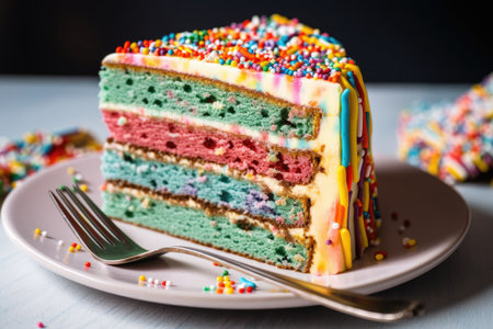 colorful layered cake with alternating colors of frosting and sprinkles, created with generative aiの素材