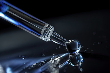 close-up of pipette, with droplets of liquid on glass tip, created with generative aiの素材