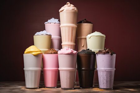 stack of cups, each holding different milkshake flavor, created with generative aiの素材