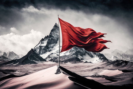 the highest peak in the world, with the red flag waving in the wind, created with generative aiの素材