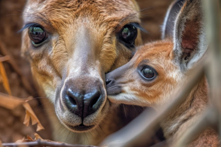 capturing the unique moment of a kangaroo joey peeking out of its mothers pouch, with the rest of its body hidden, created with generative aiの素材
