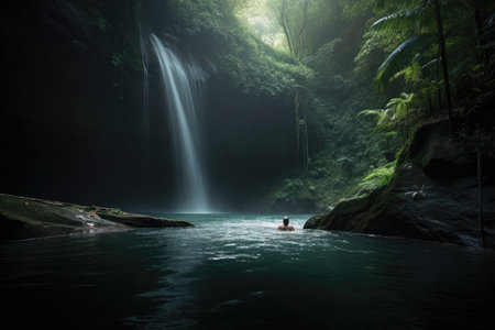 dramatic waterfall scene with person swimming in the pool at its base, created with generative aiの素材