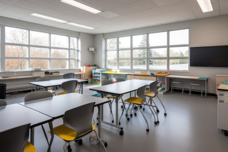 office or classroom with ergonomic furniture, seating, and learning tools for students, created with generative aiの素材