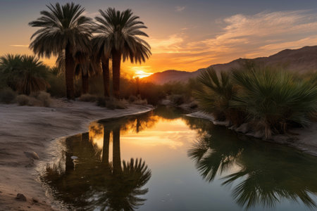 desert oasis, with view of sunset and the last rays of sunlight, casting a warm glow on the landscape, created with generative aiの素材