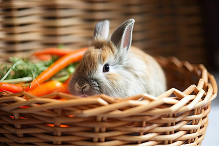 newborn rabbit nibbling on carrot in basket, created with generative aiの素材
