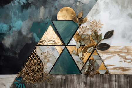 mixed-media geometric composition with metallic accents and natural materials, created with generative aiの素材