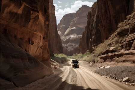 off-road vehicle traveling through narrow canyon, with towering cliffs on either side, created with generative aiの素材