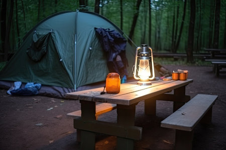 tent, lantern and flashlight on wooden table in campsite, created with generative aiの素材