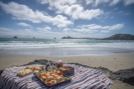 picnic on a sunny beach, with waves gently rolling in the background, created with generative aiの素材