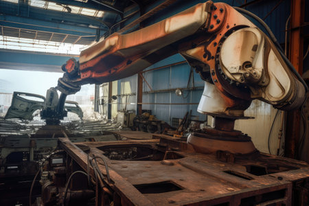 industrial robot undergoing maintenance and repair, with its various parts removed for inspection, created with generative aiの素材