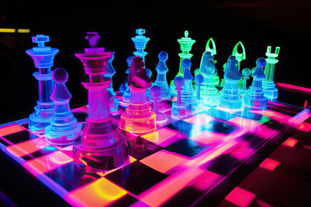 neon chess set in motion, with pieces moving and making their moves, created with generative aiの素材
