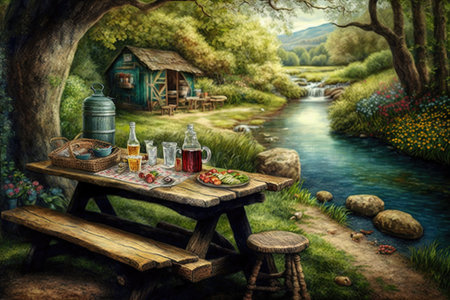 picnic table next to a babbling brook, with sandwiches, fruits, and drinks, created with generative aiの素材