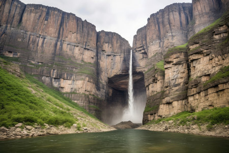 majestic waterfall cascading over towering cliffs surrounded by rugged mountains, created with generative aiの素材
