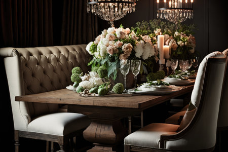 natural wood dining set with crystal chandelier and fresh flowers, created with generative aiの素材