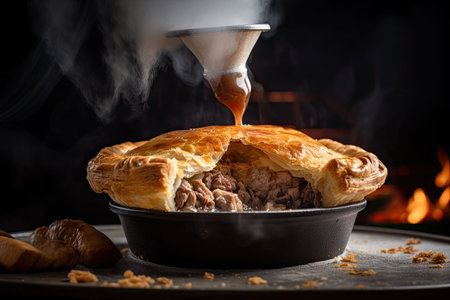 meat pie being eaten, steam rising from the flaky pastry crust, created with generative aiの素材
