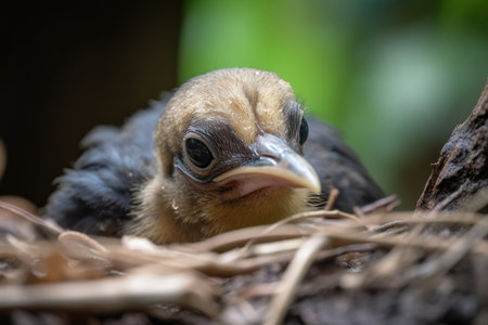baby bird peeping out of nest, its beak and eyes just opened, created with generative aiの素材