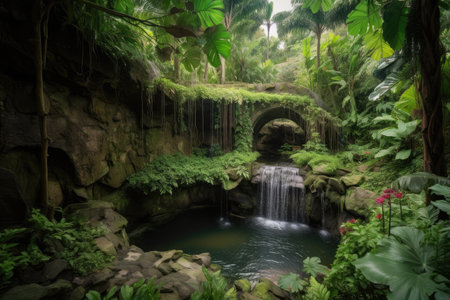 oasis with cascading waterfalls, surrounded by lush greenery, created with generative aiの素材