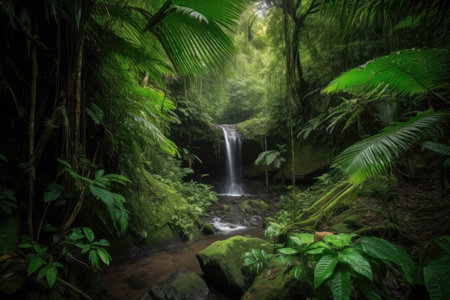 majestic waterfall cascading through lush tropical jungle, created with generative aiの素材