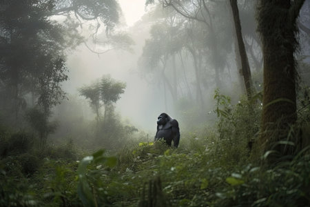 gorilla in the misty forest, surrounded by nature, created with generative aiの素材