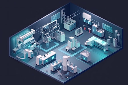 isometric view of futuristic laboratory, with high-tech equipment and experiments in progress, created with generative aiの素材