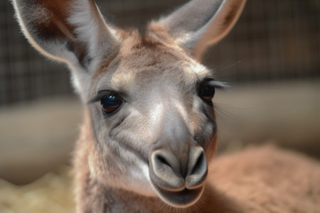 close-up of a kangaroos face, with its big eyes and wide smile visible, created with generative aiの素材