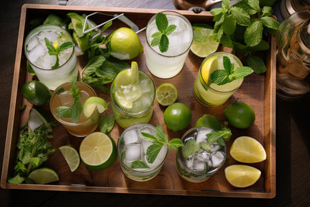 tray of mojito cocktails, each with a different mix of ingredients, created with generative aiの素材