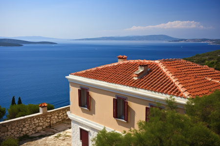mediterranean house, with view of the sea and distant islands in the horizon, created with generative aiの素材
