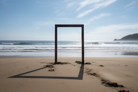 metal detector frame with view of a tranquil beach, created with generative aiの素材