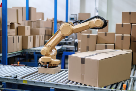 packaging and sorting robot working in busy warehouse, packaging goods for delivery, created with generative aiの素材