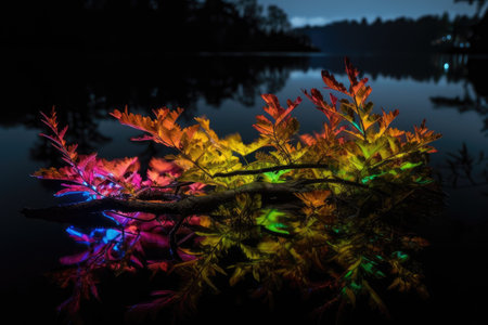 neon plant by lake, with reflections on the water, created with generative aiの素材