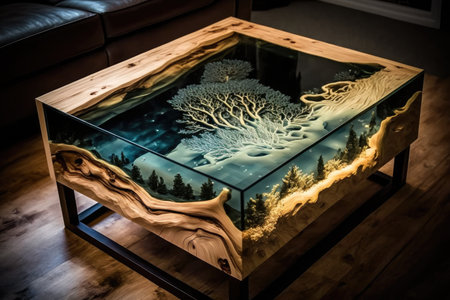 natural wood coffee table with glass top, showcasing natural beauty of the wood, created with generative aiの素材