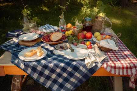 picnic table with checkered blanket, dishes, and cutlery for elegant picnic, created with generative aiの素材