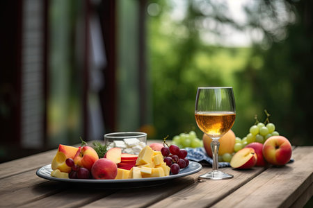 plate of fresh fruit and cheese + glass of wine on wooden picnic table, created with generative aiの素材